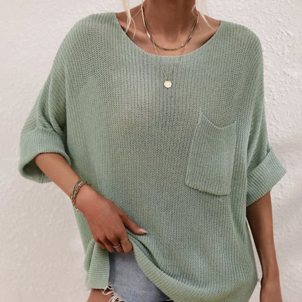 Boat Neck Cuffed Sleeve Slit Tunic Knit Top